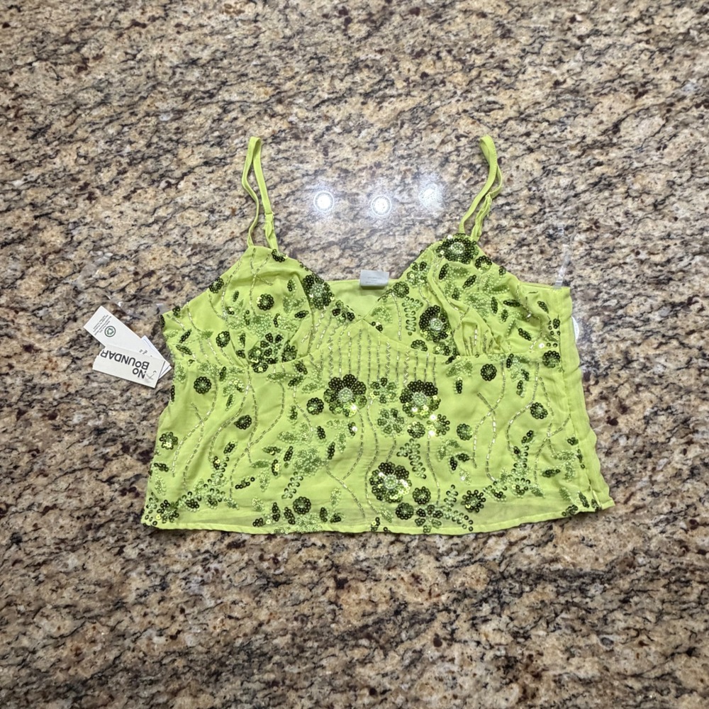 NEW No Boundaries Lime Green Sequin Floral Beaded Cami Tank Top Large 1 v